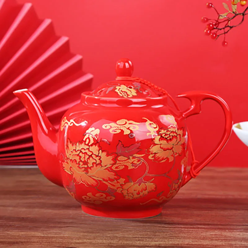 Household Ceramic Red Tea Pot Set, Double Happiness Teacup, Porcelain Teapot, Tea Ceremony Supplies, Luxury Gifts