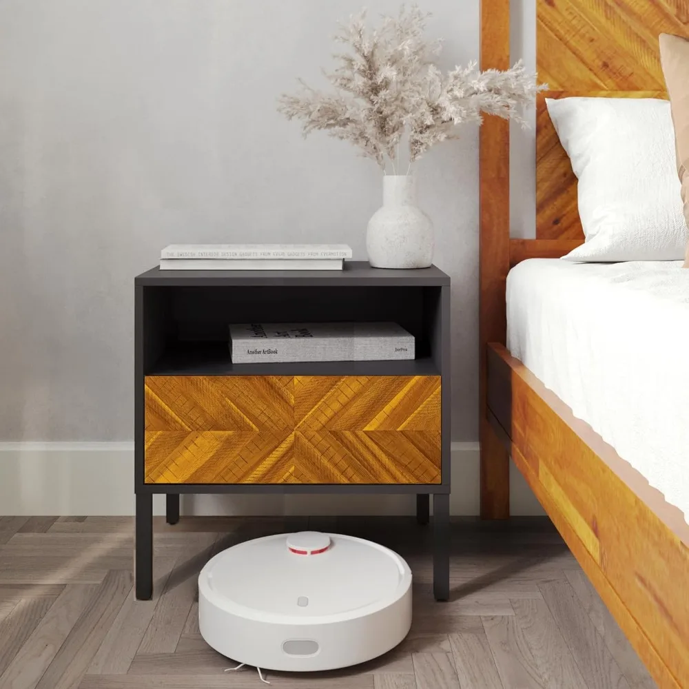 Solid Wood Nightstand Bedroom Furniture End Table Rustic Golden Brown and Black Easy Assembly Bedside Home