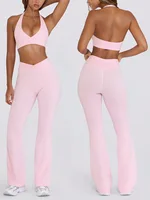 SEEKSUC Women's Yoga Suits Camisole Backless Nude Beautiful Back Neck Hanging Bra Flared Pants Fitness Set