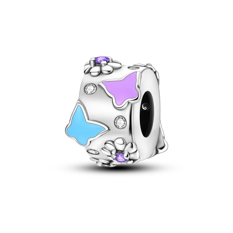 

Elegant 925 Sterling Silver Purple Flowers And Butterfly Bucket Beads Charm Fit Pandora Bracelet Women's DIY Jewelry Accessories