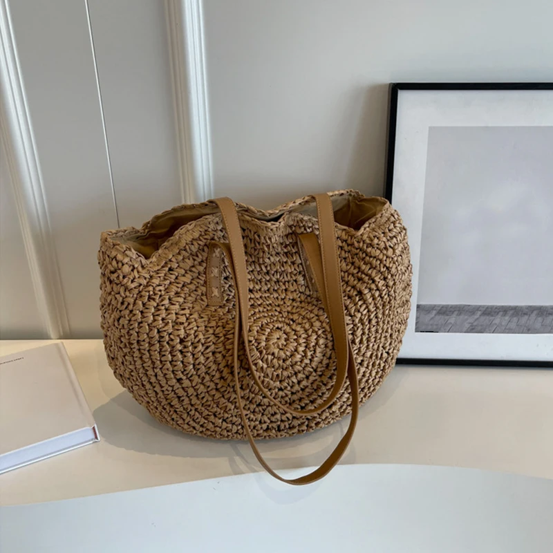 Fashion Large Capacity Handmade Straw Handbag Women Holiday Beach Casual Tote Top-Handle Bags Retro Shoulder Bags