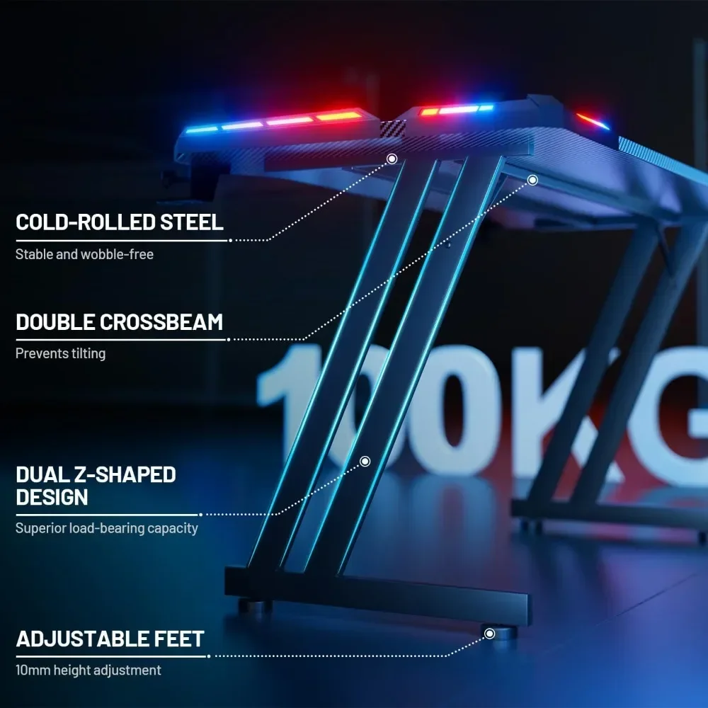 47 Inch Gaming Desk with LED Lights Carbon Fibre Surface Gaming Table Large Computer Desk Ergonomic Home Office Desks Z Shaped