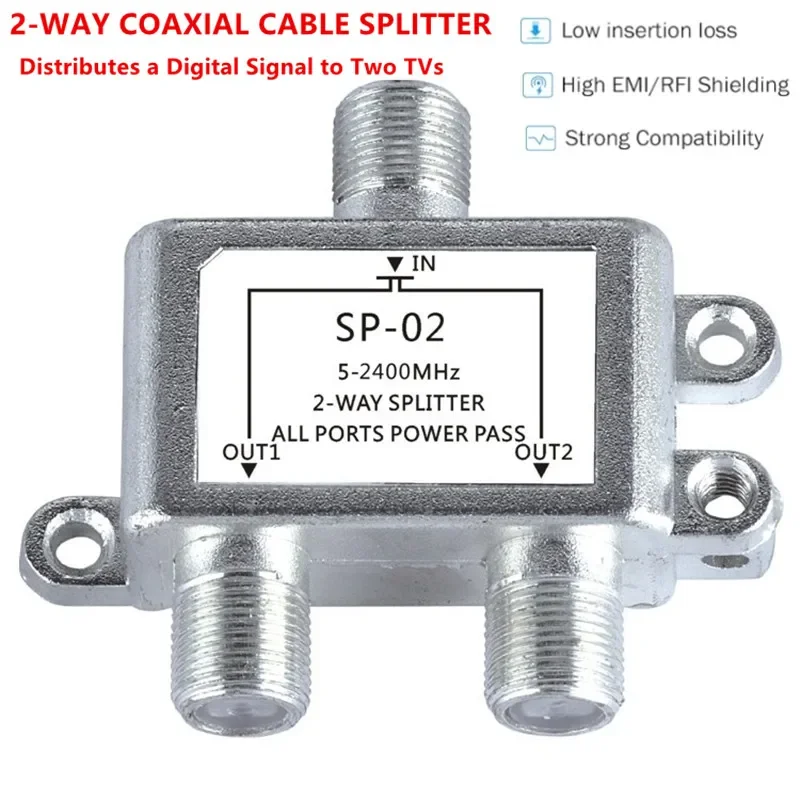 TV Splitter Digital 2-Way Coaxial Cable Splitter 5-2400MHz RG6 Compatible 2 Port Coax Splitter for Satellite Cable TV Antenna System
