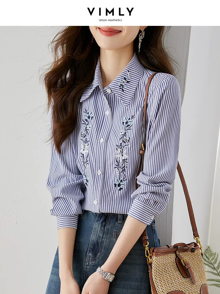 Vimly Embroidery Blue Striped Shirts for Women 2023 Spring Autumn Vintage Fashion Office Ladies Loose Buttons Blouses Tops V7860 high end luxury korean suit white blazer jacket slim office ladies spring autumn coat long sleeve buttons chic casual blazers