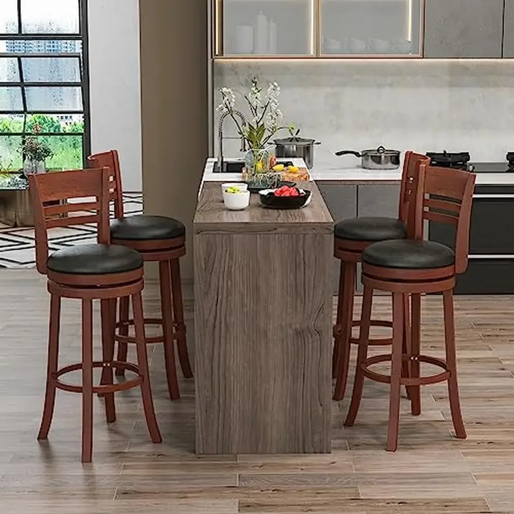 360 Swivel Bar Stools with PU Upholstered Seats Solid Wood Backrests & Footrests Bar Height Chairs Retro Style Home Kitchen