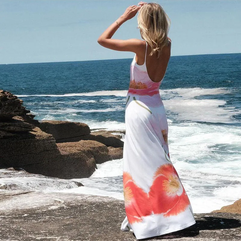 Vestidos de moda con cuello halter ajustado y estampado para mujer, vestido largo elegante sin espalda y cintura alta, vestido de fiesta de verano 2025.