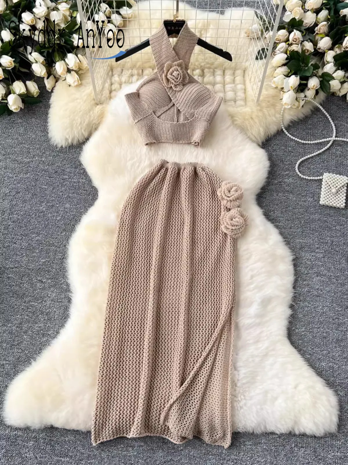 Summer Sexy Women 2 Piece Set Outfit Fashion Knitted Two Pieces Suits Halter Cropped Top And High Waist Hollow Out Midi Skirts