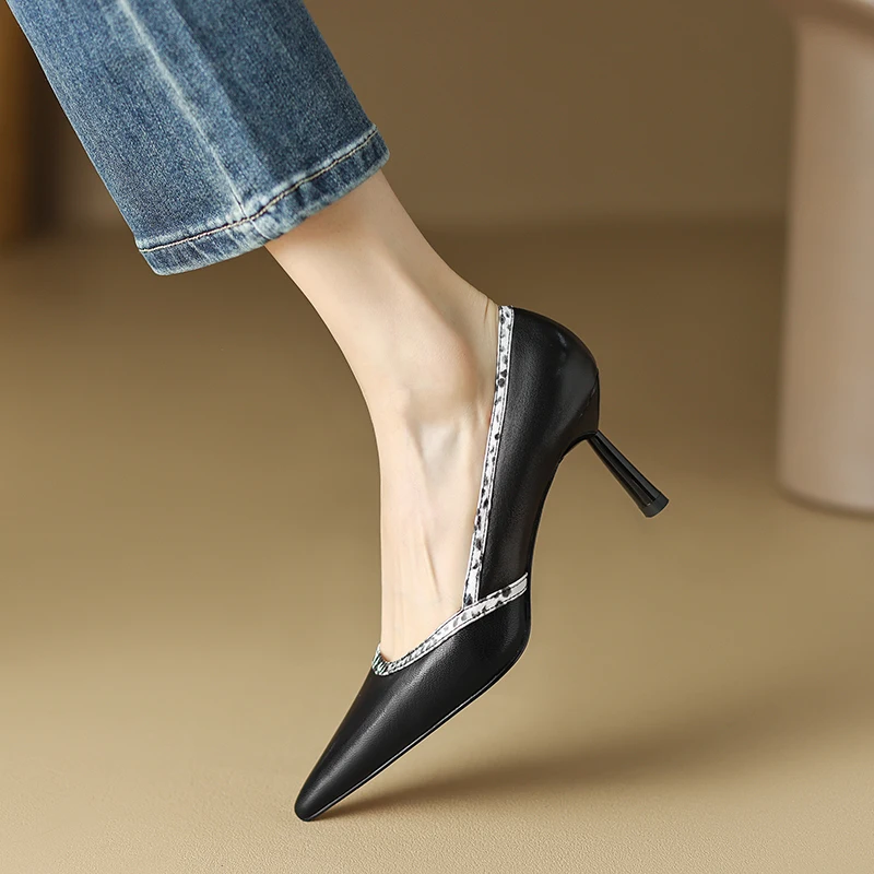 

2023 spring women pumps natural leather 22-24.5cm length sheepskin+pigskin full leather Snakeskin Pointed toe thin heel shoes