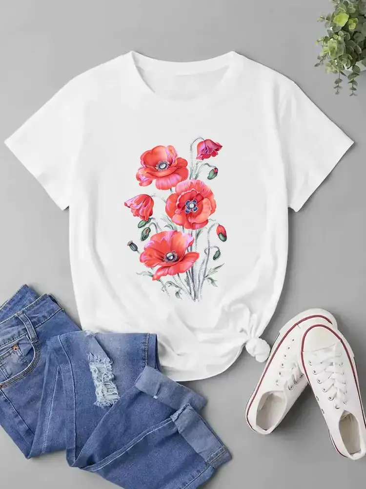 

Sweet Flower Cute 90s Style Short Sleeve Clothing Fashion O-neck T Shirt Graphic T-shirts For Women Print Tee Top Womens Clothes