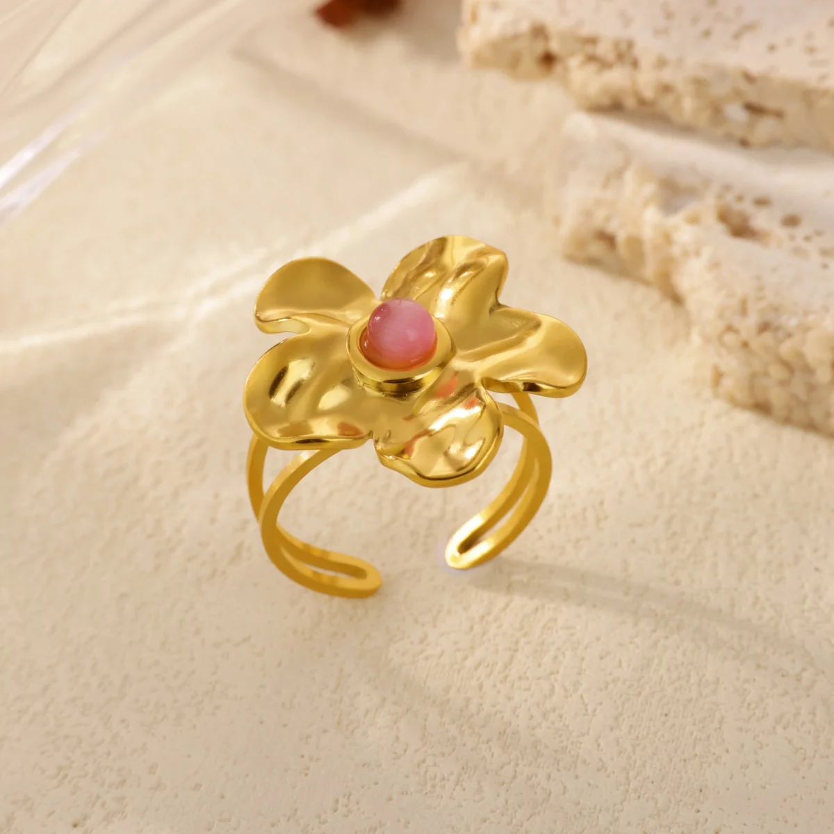 Elegant Natural Stone Flower Rings Gold Color Stainless Steel Geometric Opening