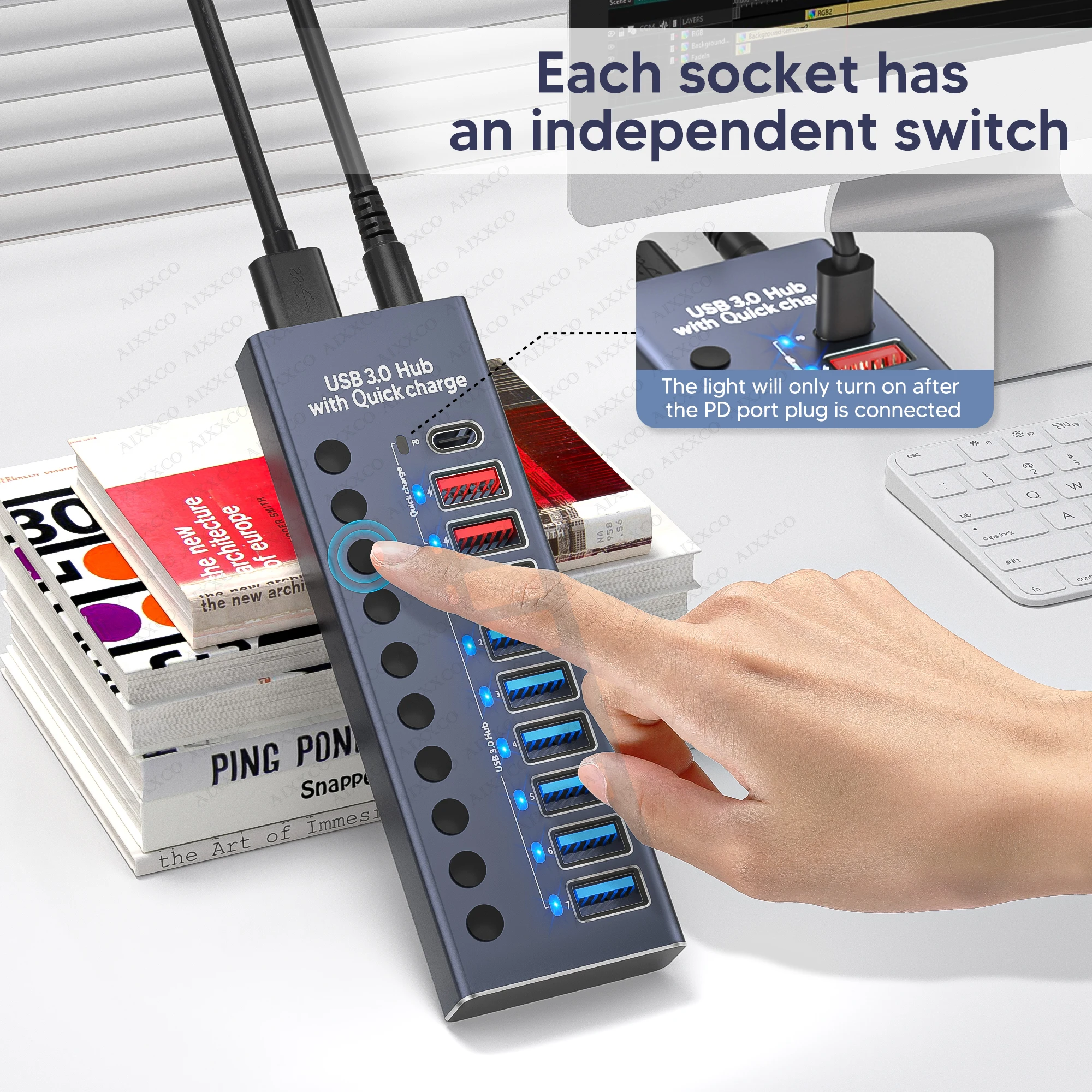 AIXXCO 7/10 Ports USB 3.0 Hub Multi USB Splitter with Switch Power Adapter Multiple Expander for Laptop Accessories MacBook 2