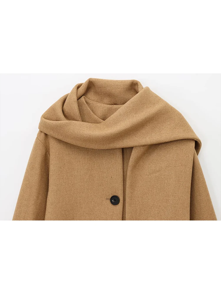 2025 New Scarf Collar Coat For Women Loose Elegant Ladies Autumn Winter Commuting Jacket Fashion Ladies Leisure Pocket Coats