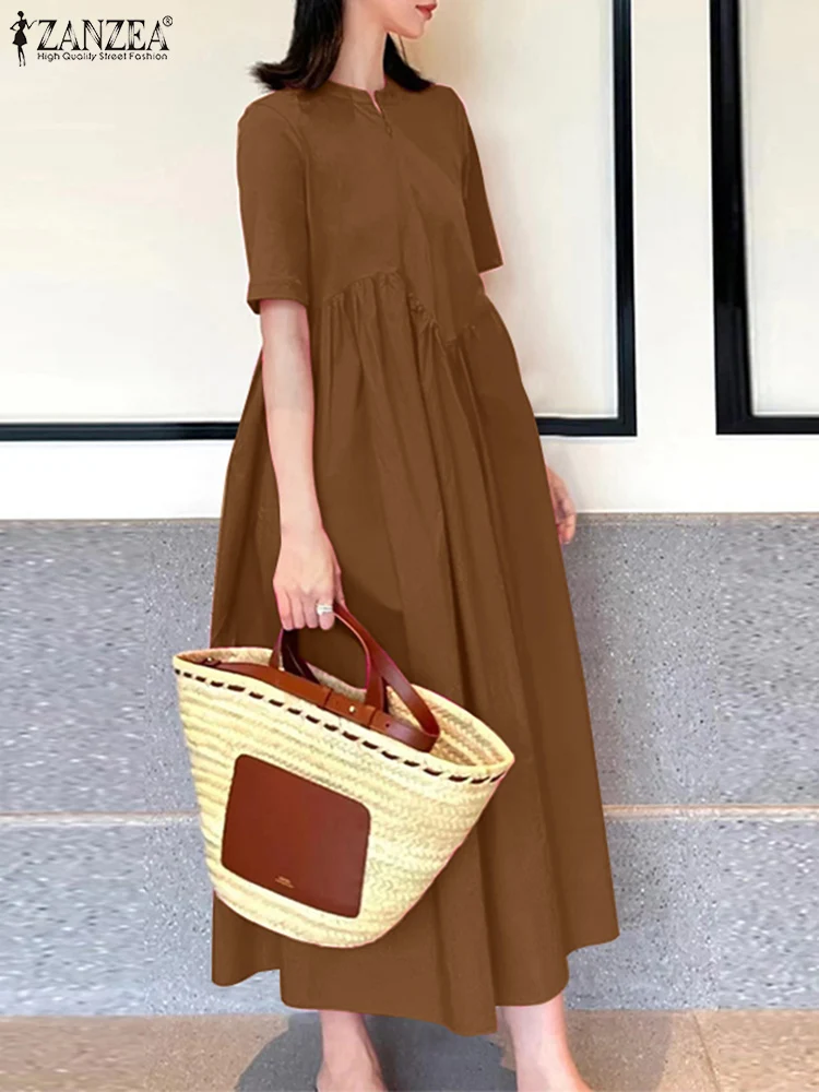 

ZANZEA Summer Fashion Robe Loose Irregular Stitching Vestido Women Casual Maxi Dress Solid Holiday O-neck Front Zipper Dress