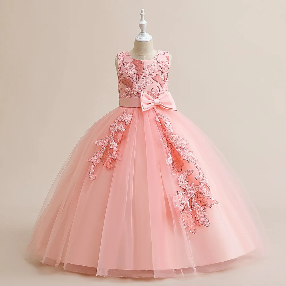 

Sleeveless Pink Ballgown Flower Girl Dresses Pageant Prom Gowns Long Lace Applique Kids First Holy Communion Party Dresses