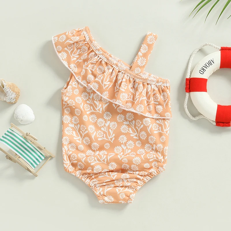 6M-2T Girls Summer Casual Cute Swimsuit Sleeveless One-Shoulder Floral Swimsuit Brown Pink