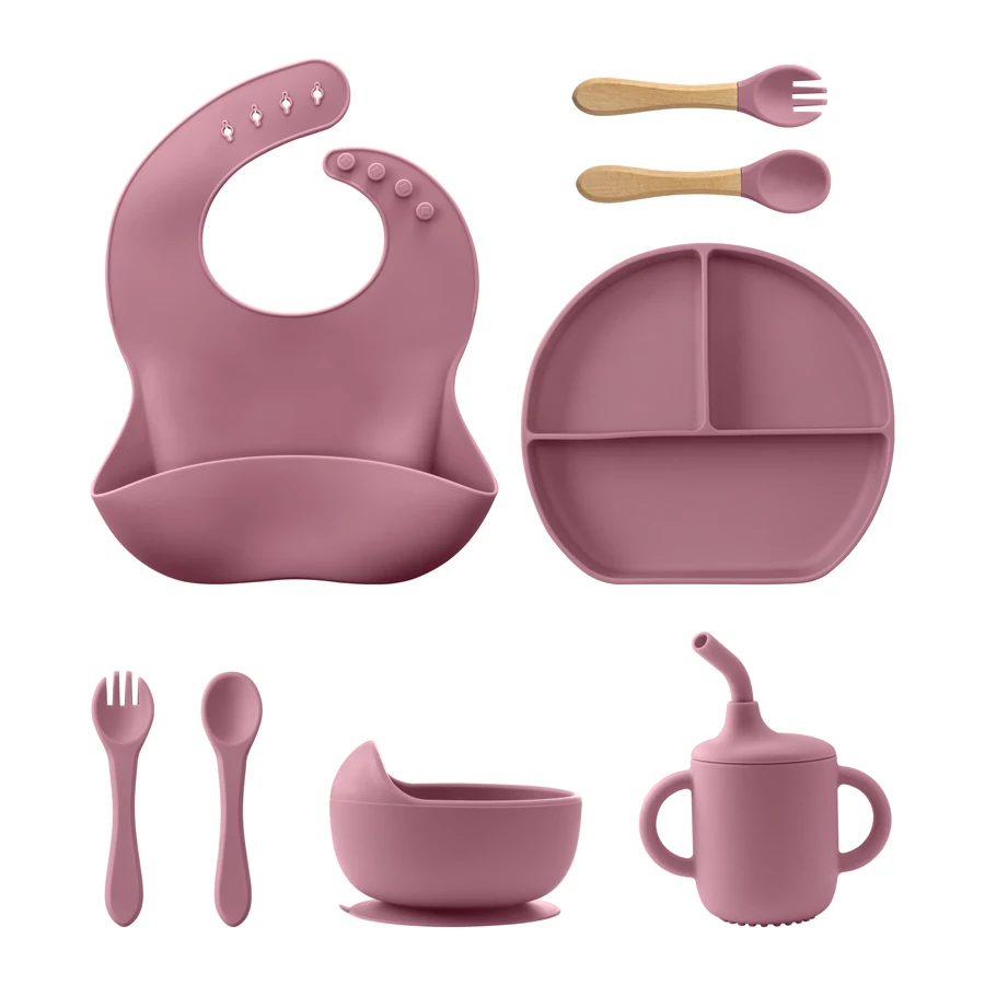 8/Pcs/Set Baby Food Feeding Tableware Sucker Bowl+Spoon+Fork Eating Dinnerware For Children Dishes Baby Bib Cup Baby Stuff 2
