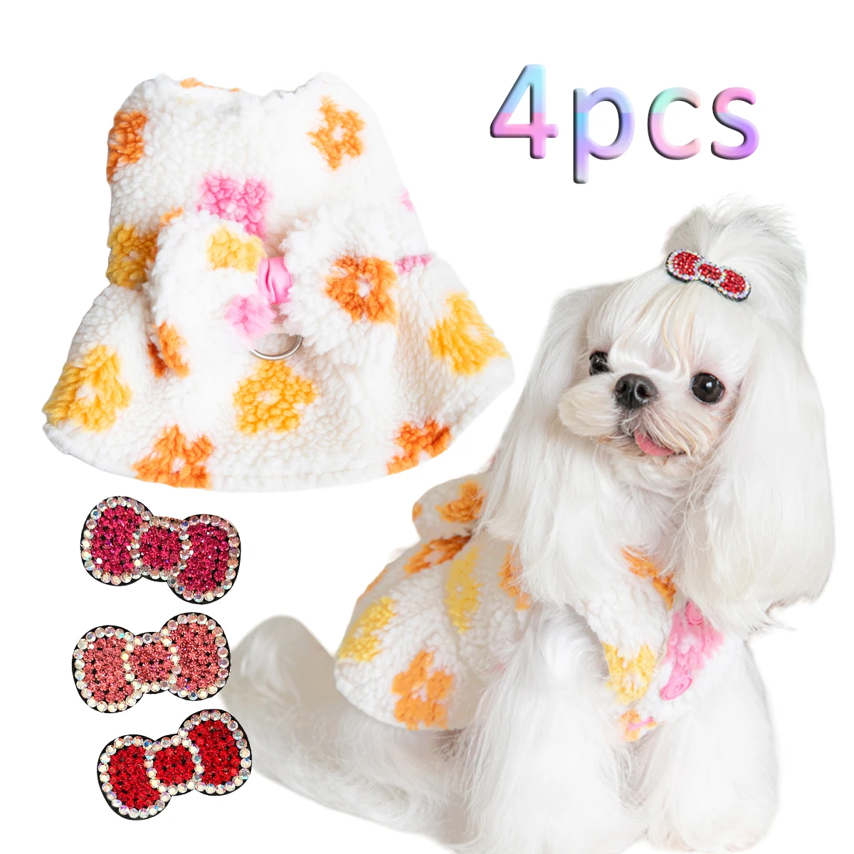 

Удобная флисовая одежда для собак Shih Tzu, набор с бантом-бабочкой и заколкой для волос, теплая плюшевая юбка для собаки, пушистый наряд для йорков, аксессуары