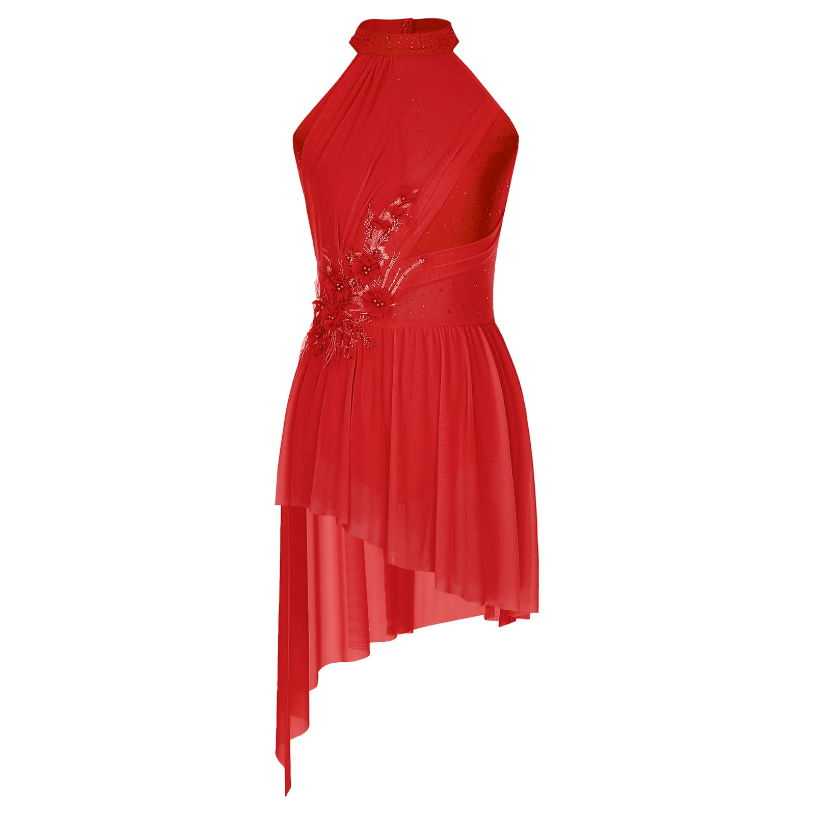 thumbnail image 1 of Vestidos de baile lírico de ballet para mujer para patinaje artístico Halter con tiras en la espalda dobladillo asimétrico vestido de leotardo con diamantes de imitación brillantes, 1 of 5