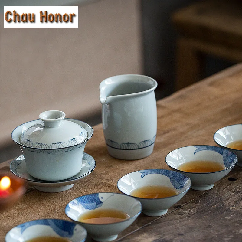 200ml Antique Blue And White Ceramic Tea Pitcher Tea Maker Fair Cup Hand-painted Lotus Cha Hai Kung Fu Tea Ceremony Accessories