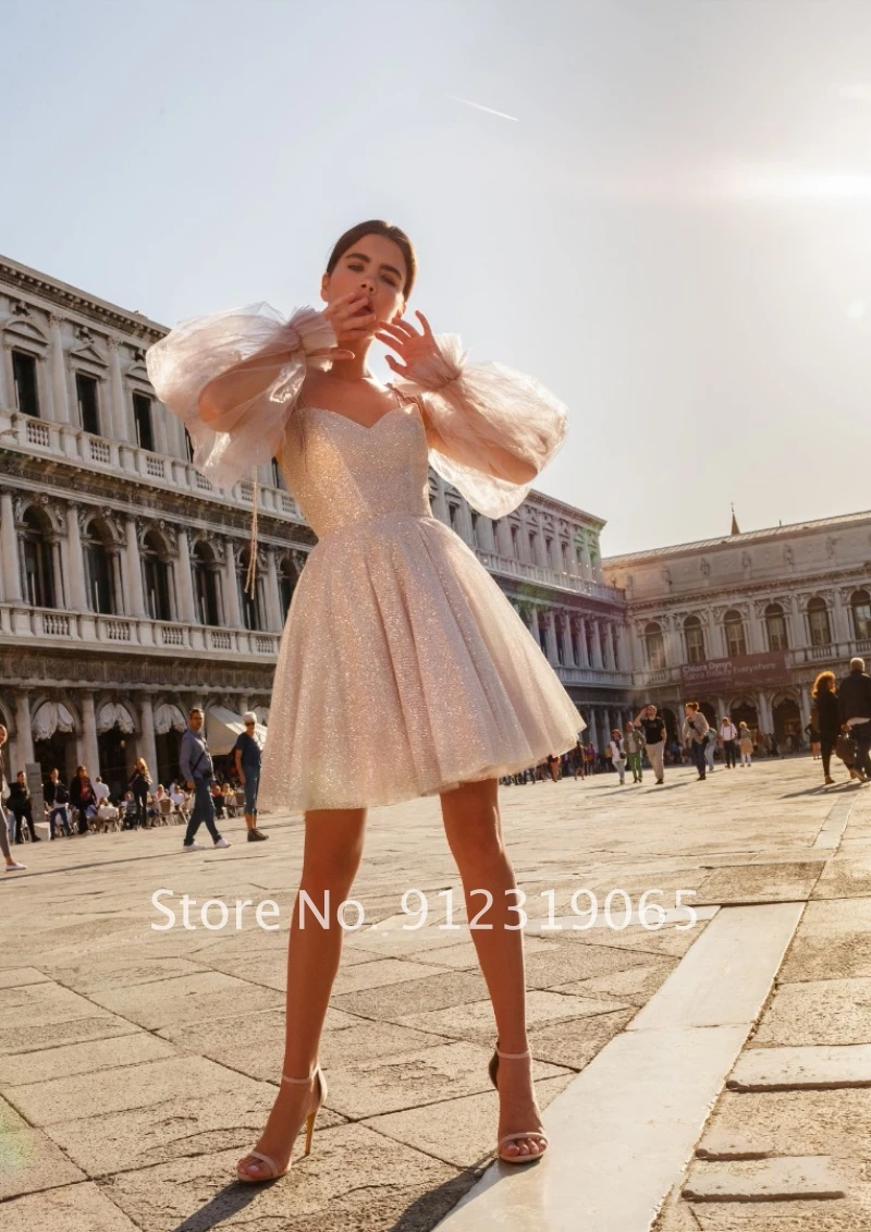 Women Prom Dresses,Spaghetti Long Sleeve A Line Short Homecoming Dress,Glitter Prom Dress,Sequins Party Gown,8 Grade Graduation