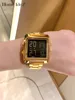 Women Gold-Plated Stainless Steel Digital Wristwatches Lovers Fashion Wide Square Waterproof Luminous Watch