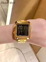 Women Gold-Plated Stainless Steel Digital Wristwatches Lovers Fashion Wide Square Waterproof Luminous Watch