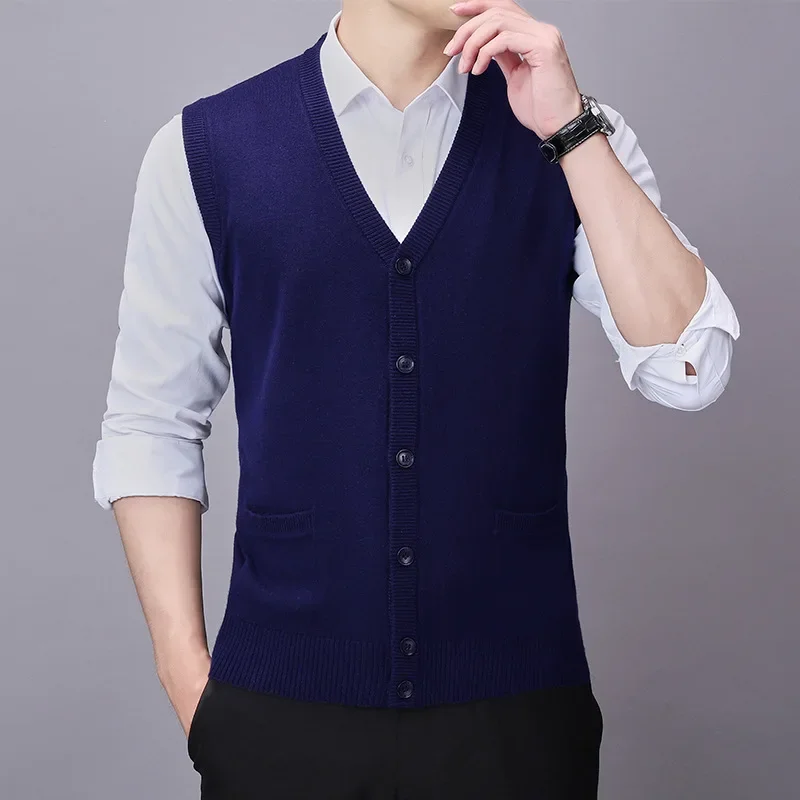 Autumn New Wool Vest Men Knitted Cardigan Middle-aged Men Sleeveless Sweater Vest Loose V-neck Solid Vest Winter Clothing