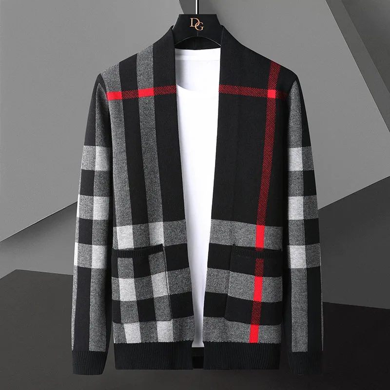 

New Fall Winter Luxury Cashmere Cardigan Men England Style Men's Sweaters Keep Warm Mens Plaid Cardigans High End Classic Jacket
