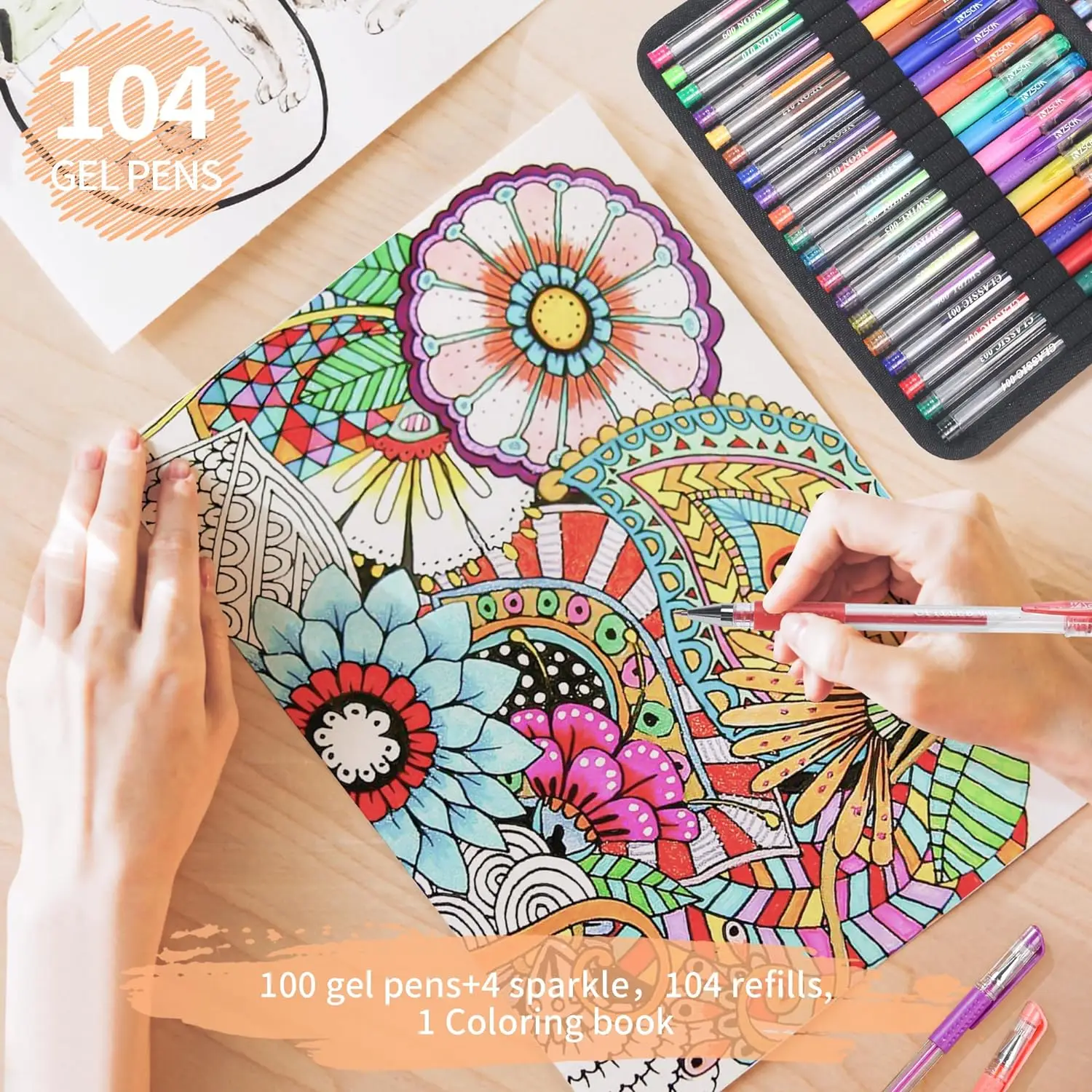 208 Pack Glitter Gel Pens Set,100 Colors Pens Include 100 Glitter Pens, 4 Metallic Sparkle Pen With 100 Refills, Canvas Bag