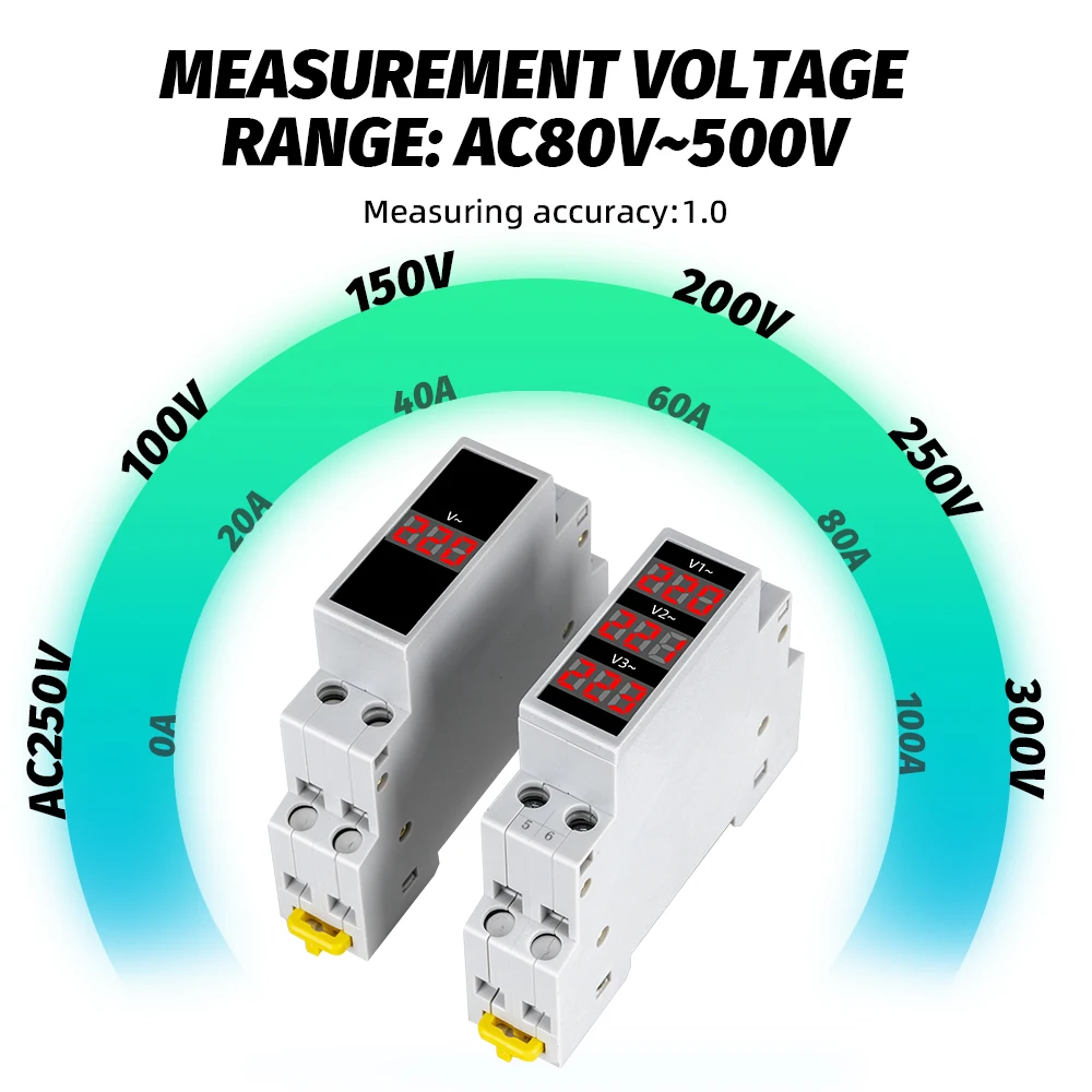 18mm Din Rail AC Voltage Meter 80-500V 220V 380V Single Three Phase Modular Voltmeter Ammeter LED Indicator Digital Volt Tester