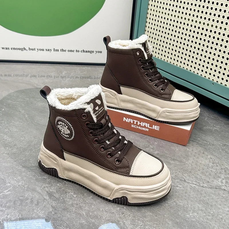 

Warm Plush Shoes for Women Sneakers Female Leisure Ankle Boots Woman Winter Lace Up Flat Mid Heels Letter Modern Snow Boots