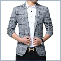 Autumn Men's Plaid Single Western-style Blazer Slim Fit Korean Youth Fashion Solid Color Simple Style Casual Wedding Suit 1
