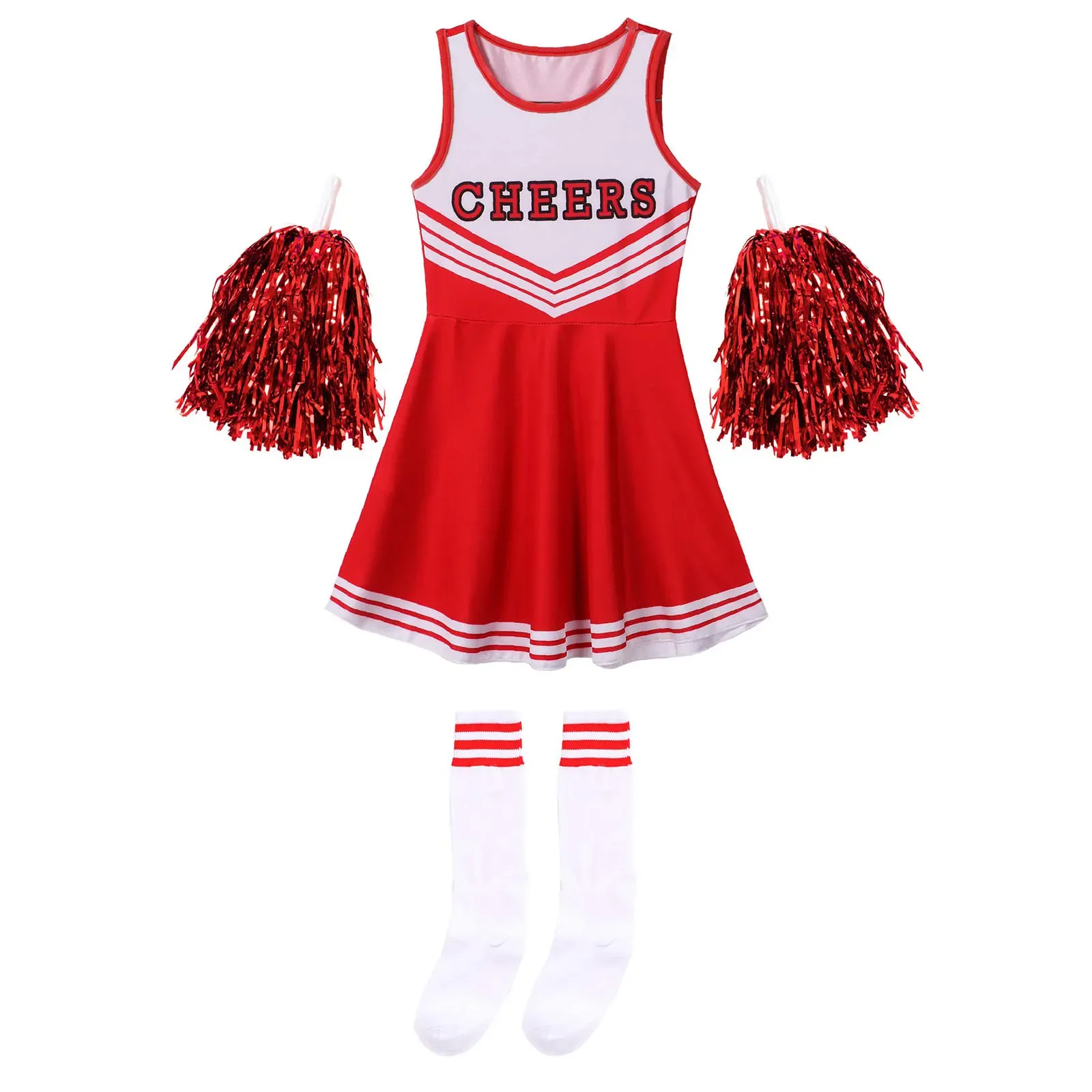 Bambini Cheerleading Costume scuola ragazze Cheerleader uniformi Cheer Dance outfit per Halloween Cosplay Dress con calzini fiore
