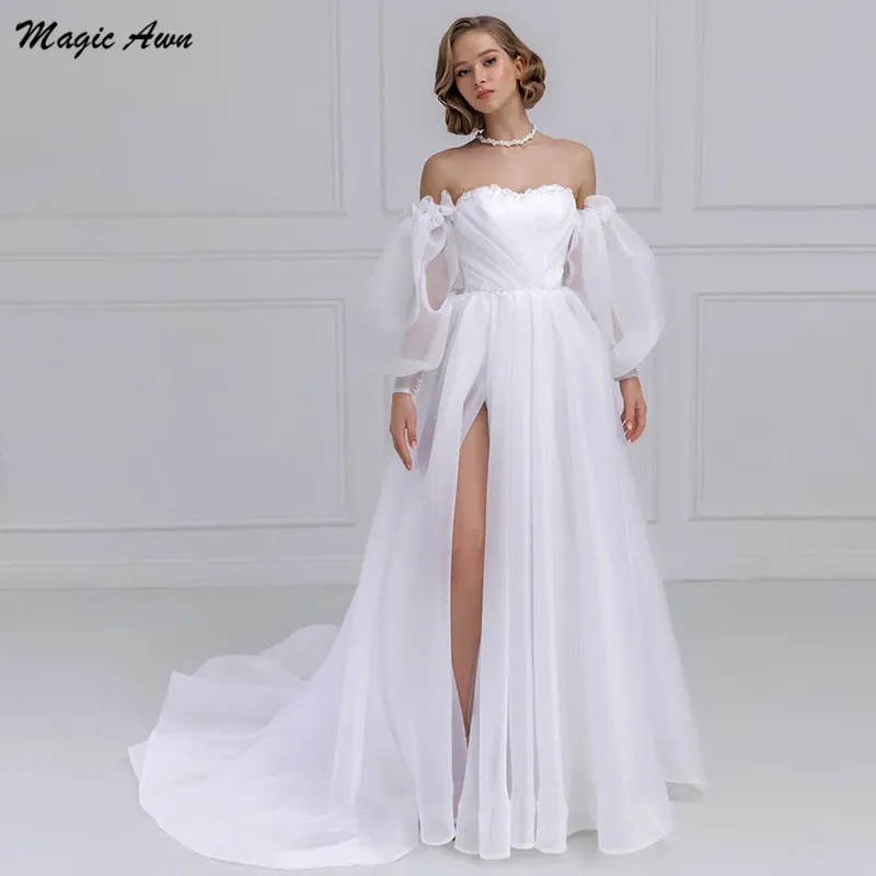 

Magic Awn White Off The Shoulder Wedding Dresses Puffy Sleeves 3D Flowers Appliques Beaded Thigh Split Organza Mariage Gowns