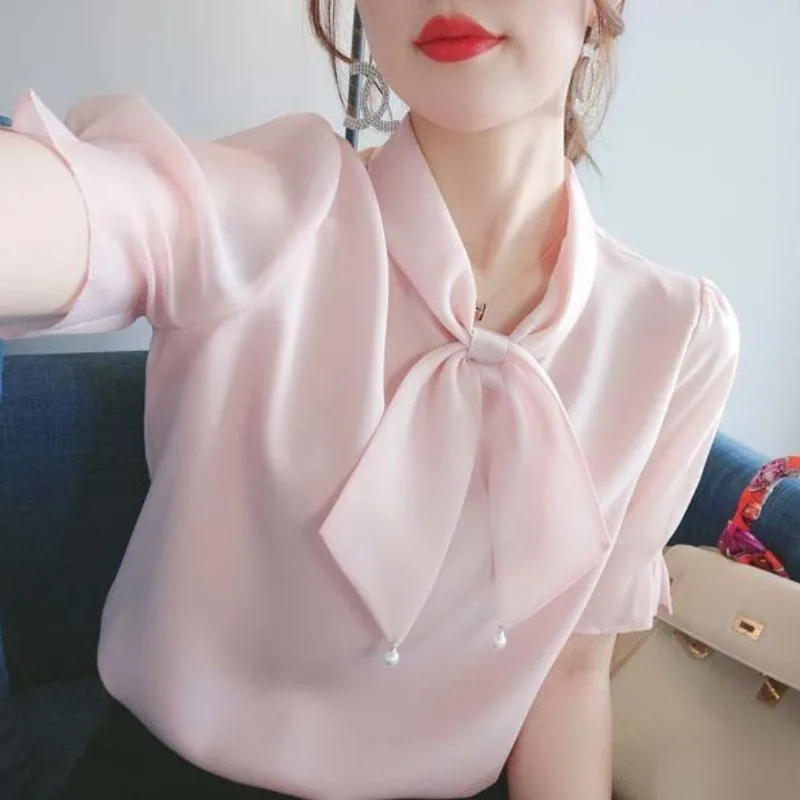 여성용 한국 출퇴근 스카프 칼라 활 비즈 반팔 쉬폰 셔츠, 루즈 패션 블라우스, 단색, 여름 신상
