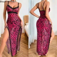 2025 Women's Summer Sexy Leopard Print Nightgown Satin V-Neck Lace Trim Dress Hight Side Slit Contrast Lace Nightgown for Women 6