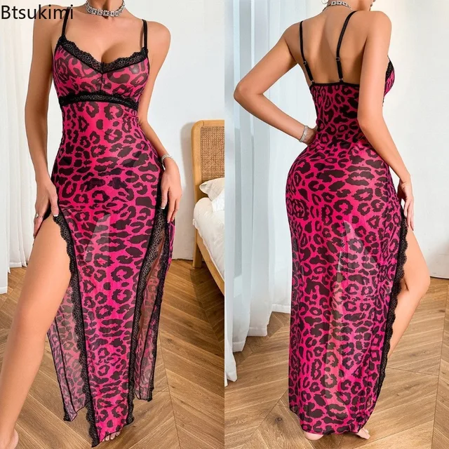 2025 Women's Summer Sexy Leopard Print Nightgown Satin V-Neck Lace Trim Dress Hight Side Slit Contrast Lace Nightgown for Women 6