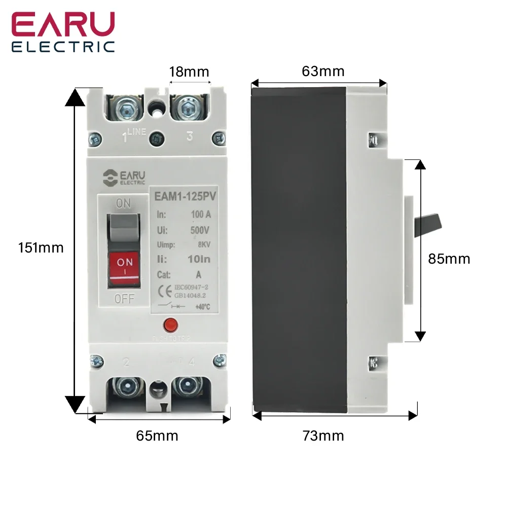 DC 250V 500V DC Solar Molded Case Circuit Breaker MCCB Overload Protection Switch Protector for Solar Photovoltaic PV 100A 125A