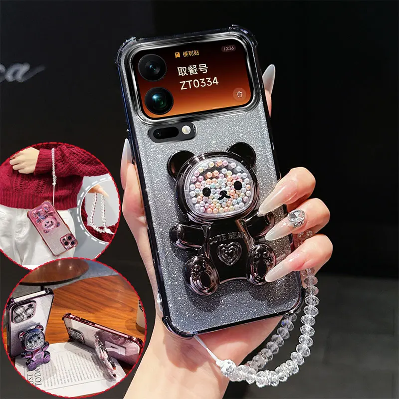 Shockproof Phone Case with 3D Bear Stand and Glitter Crystal Chain Lanyard