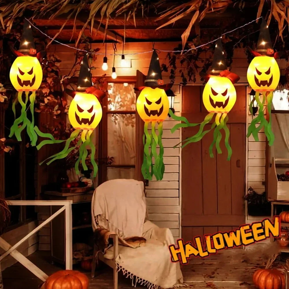 2PCS Flashing LED Pumpkin Lamp Halloween Ghost Hat Glowing Wizard Light for Party Hanging Decor Ghost Festival
