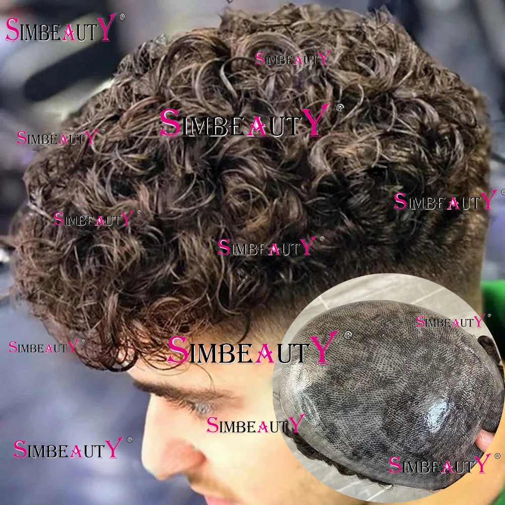 20mm Curly Cool Brown Black Men Toupee Super Durable Thin Skin Full PU 100% Human Hair Capillary Prosthesis Replacement For Male