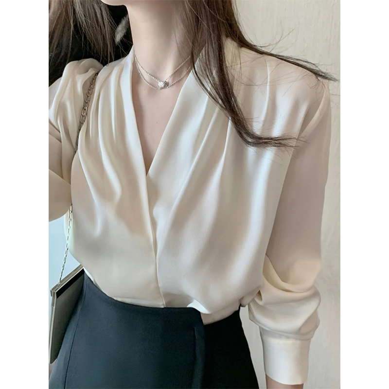 

Women Spring Korean Simplicity Loose Pleated Solid Color V-neck Long Sleeve Shirts Women Clothes Casual All-match Fashion Tops