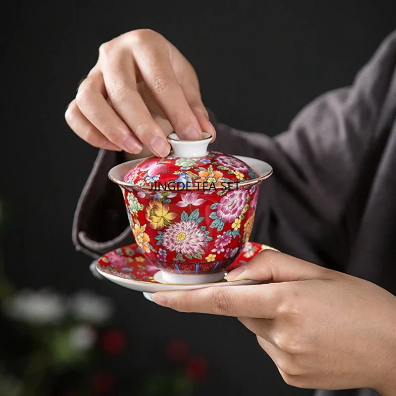 150ml Palace Luxury Enamel Ceramic Cover Bowl Hand drawn Flower Pattern Travel Tea Set