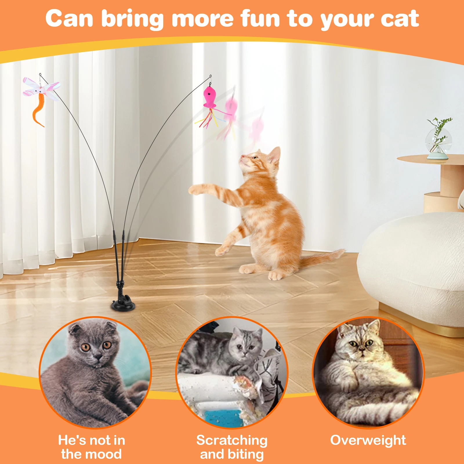 Pet Cat Toy Set Replacement Head Toy Suit Multifunction Interactive Cat Toy Handfree Cat Toy Stick for Floor Glass Door Panel
