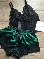 Ensemble pyjama 2 pièces pour femmes, vêtements de nuit, Lingerie Sexy, dentelle, soie, haut court et short, vêtements de nuit décontractés 1