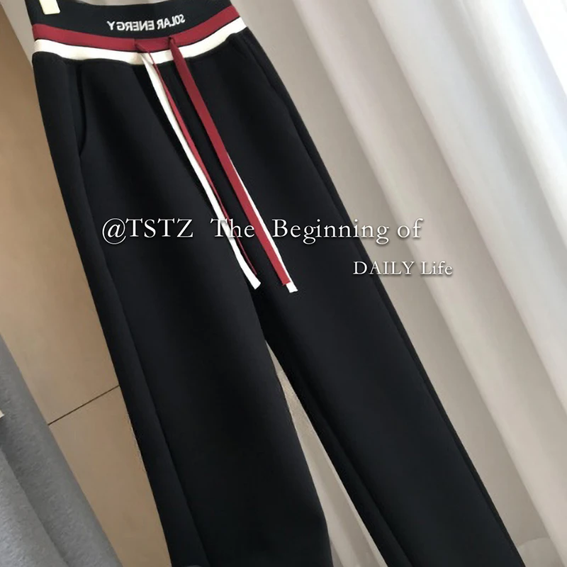 Description Picture 6 of itemStriped Design Drawstring Tie Up High Waist Women Sweatpants Loose Wide Leg Straight Trousers Sport Mopping Pants Female Basic