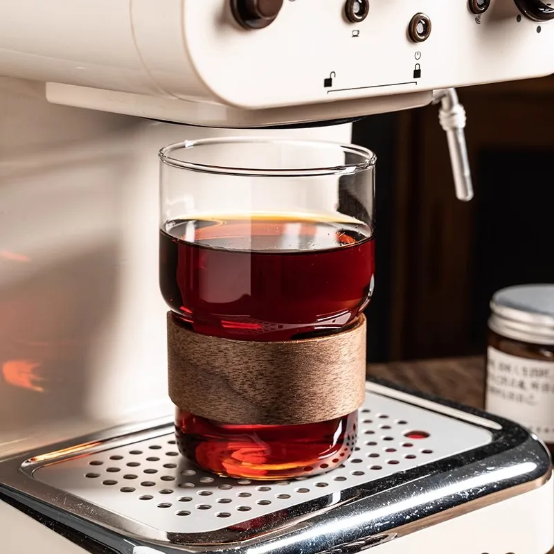 1 Piece 350ml 12oz Stackable Clear Tea Cup with Bamboo Sleeve Heat Resistant Glass Mug Drip Coffee Tea Water Juice Brewing Cup