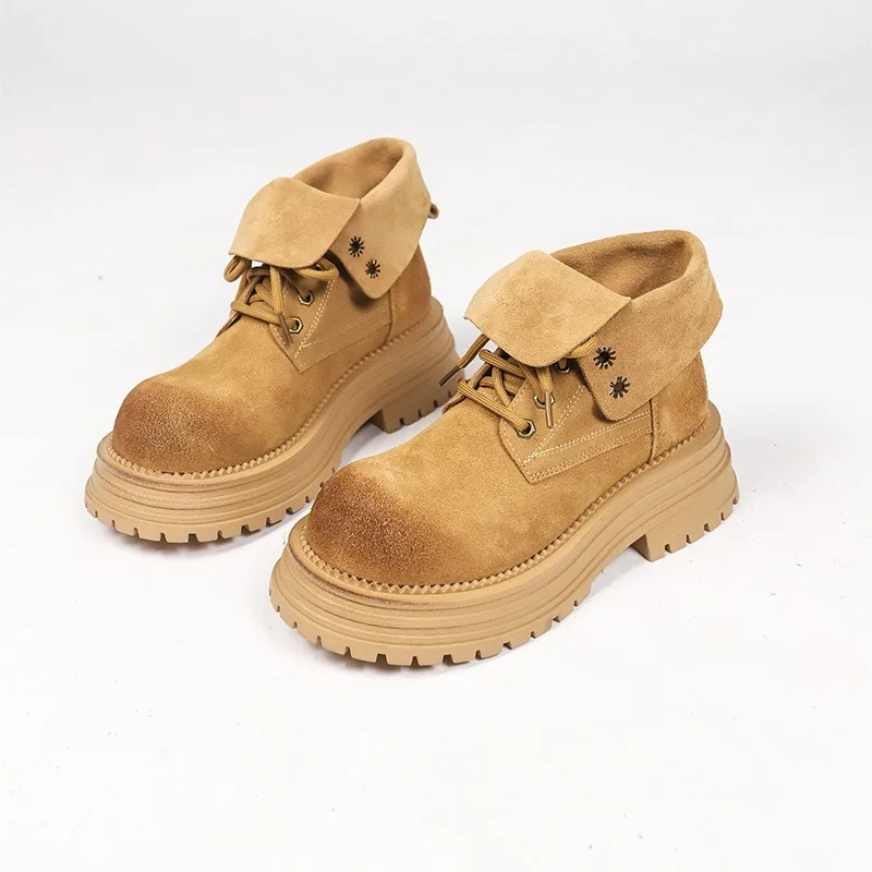 Autumn Winter Retro Fashion Platform Women's Boots Designer Luxury Leather Shoes Female Casual Solid Color Motorcycle Boots