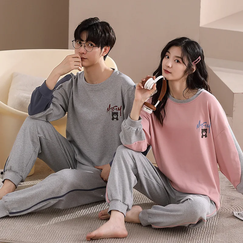 

Couples 100% Cotton Homewear Couples Autumn Pajamas Set Women's Printed Nightwear Men's Pyjamas Big Size 3XL Loungewear Dropship