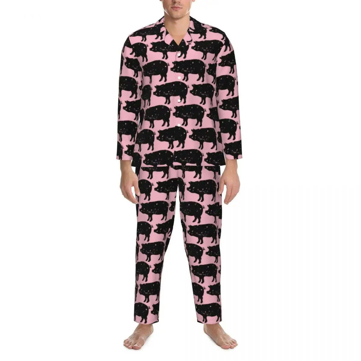 

Animal Farm Print Sleepwear Autumn Cute Pink Pig Casual Loose Oversize Pajama Set Men Long Sleeve Warm Bedroom Graphic Nightwear